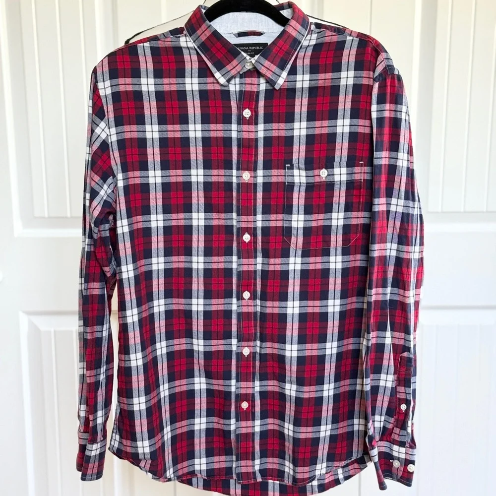 Banana Republic Slim Fit Plaid Shirt Mens Large L Red Navy White Button Down LS